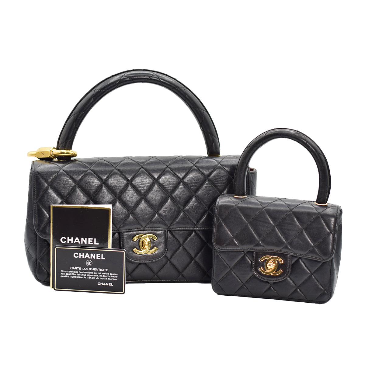 Chanel Kelly Parent and Child Flap Bag Set Black Lambskin with Gold Hardware image 0