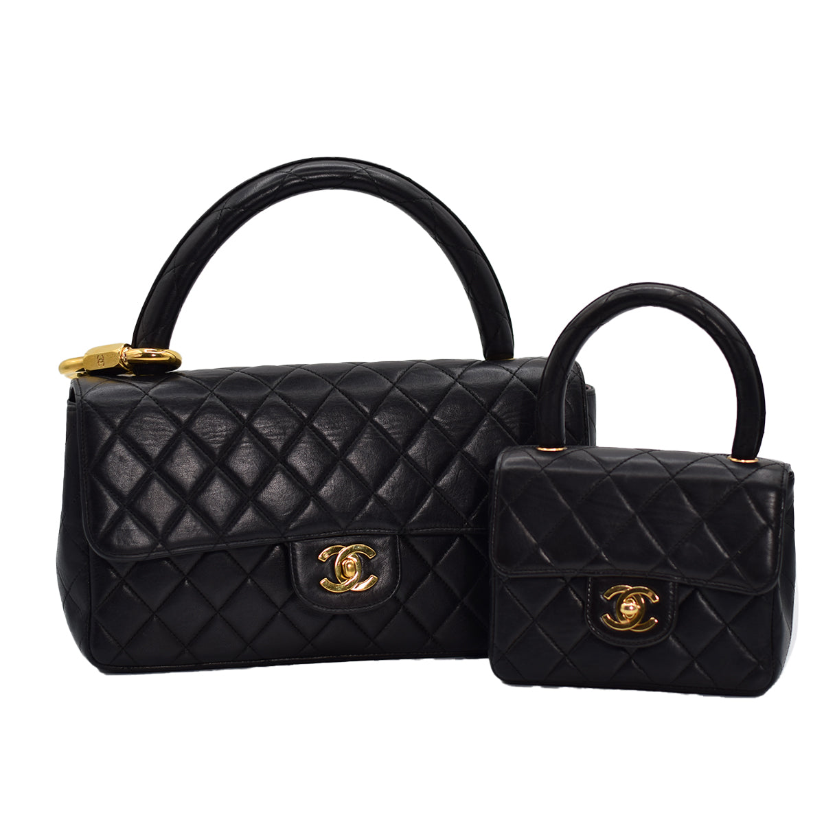 Chanel Kelly Parent and Child Flap Bag Set Black Lambskin with Gold Hardware image 7