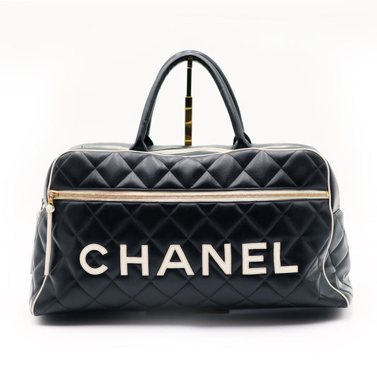 Chanel Black Quilted Calfskin Logo Bowler Weekend Bag